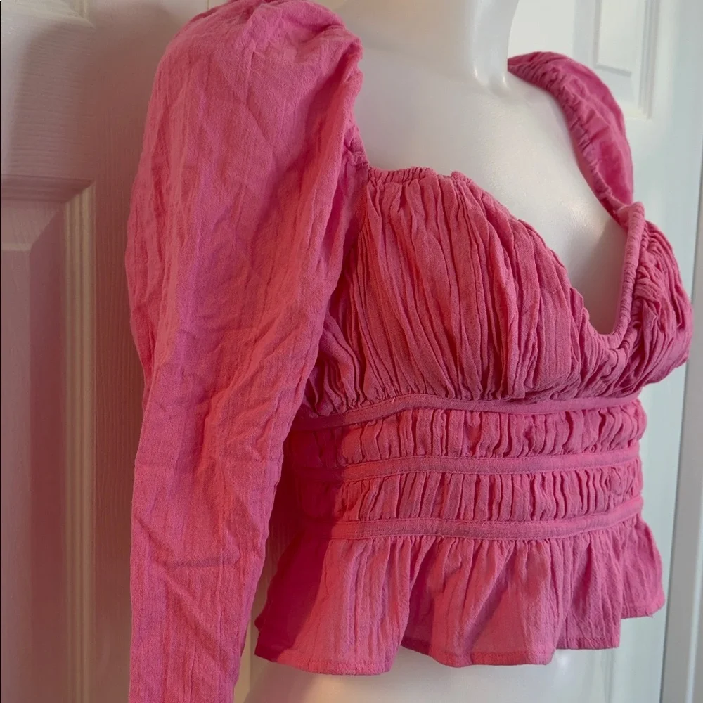 FREE PEOPLE CHLOE TIE BACK LONG SLEEVES CROPPED SMOCKED TOP BLOUSE HOT PINK SZ S